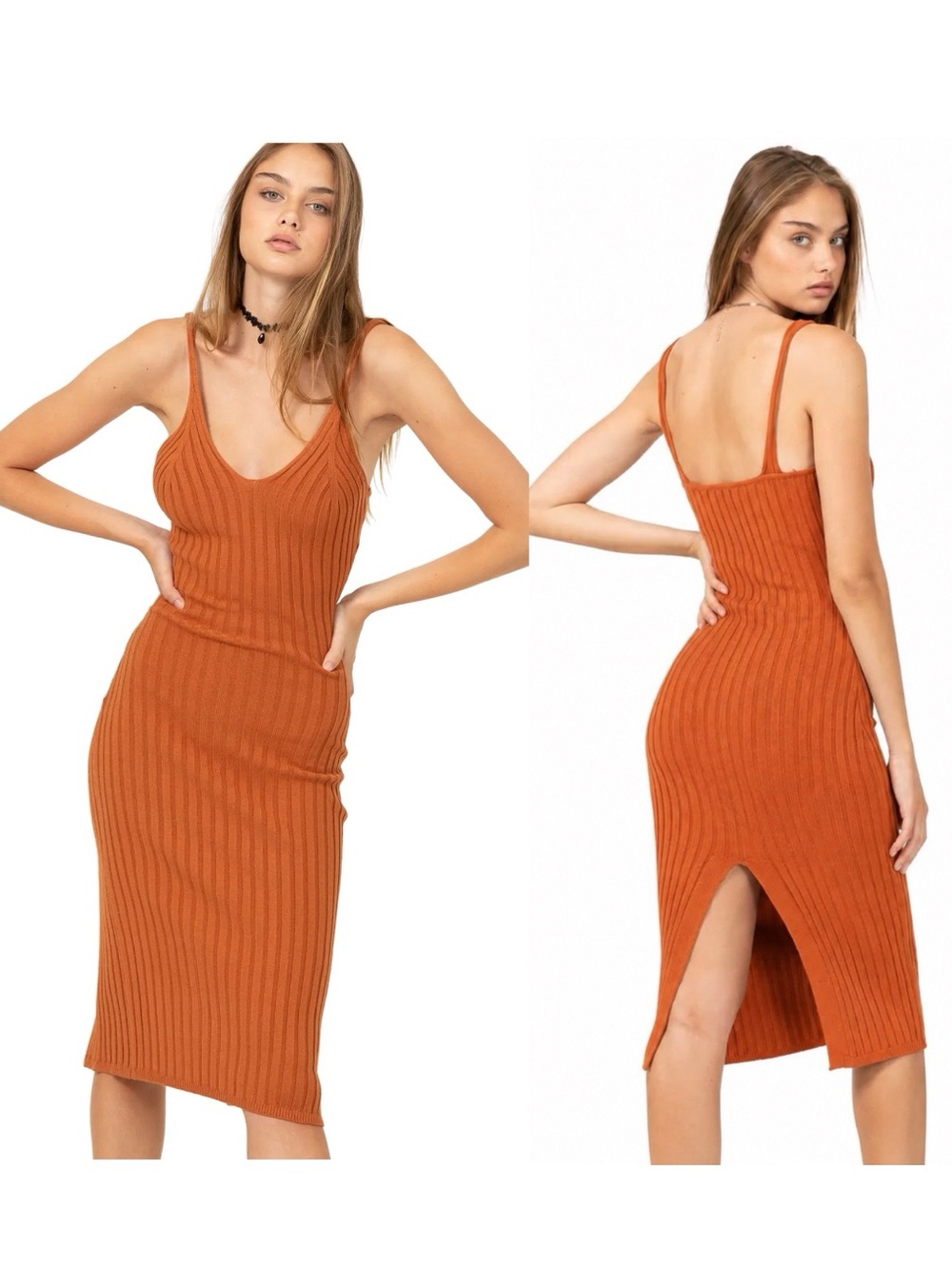 Double Zero Rust Red Orange Knit Ribbed V-Neck Bodycon Midi Dress Womens L